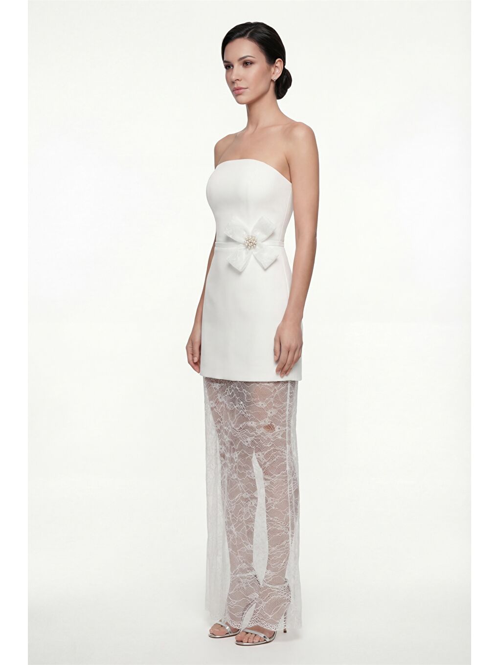 Kadın Beyaz Dantel Detaylı Nikah After Party Abiye Elbise-1