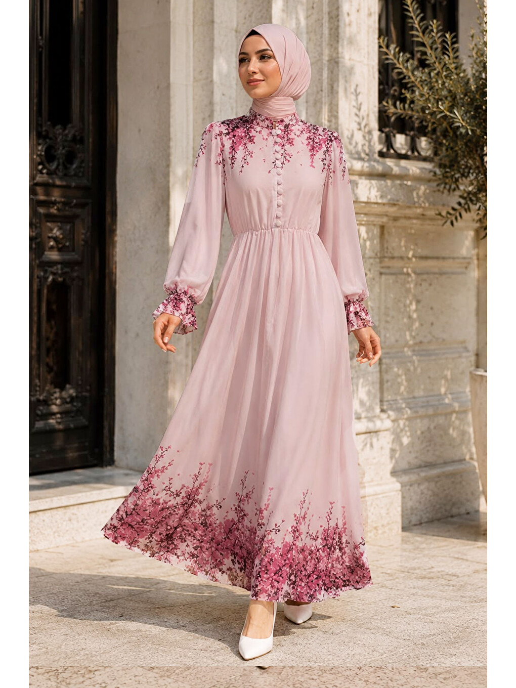Çiçek Baskılı Yarım Düğmeli Şifon Elbise Tsd260258 Pembe-2