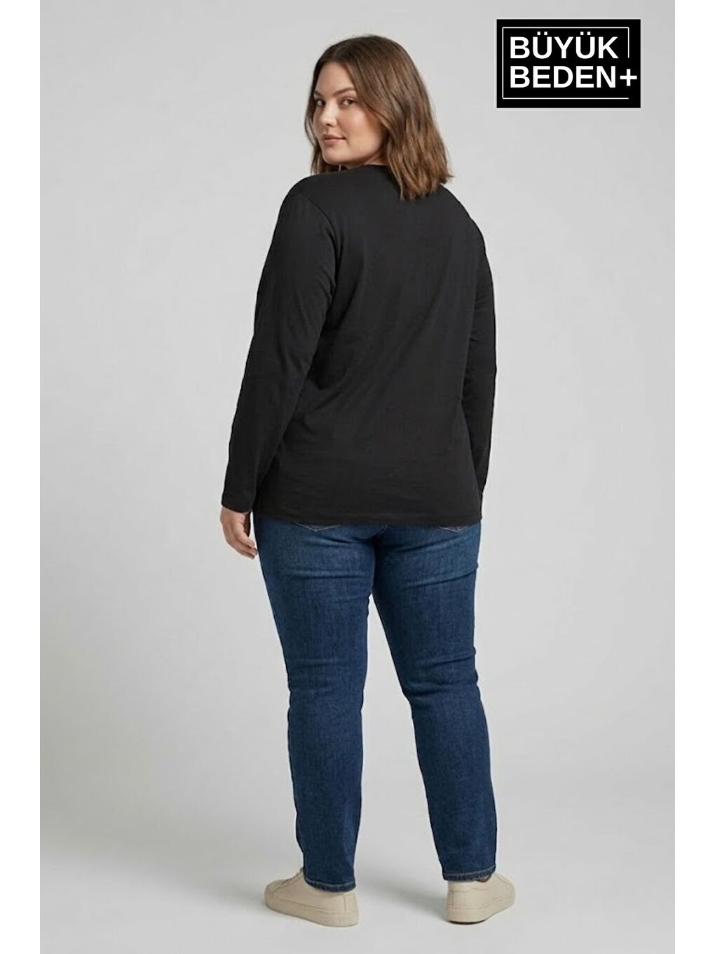 Siyah Kadın Büyük Beden 3'lü Set Uzun Kollu 2 İplik Bisiklet Yaka Tişört SPR26BEA942+2-3