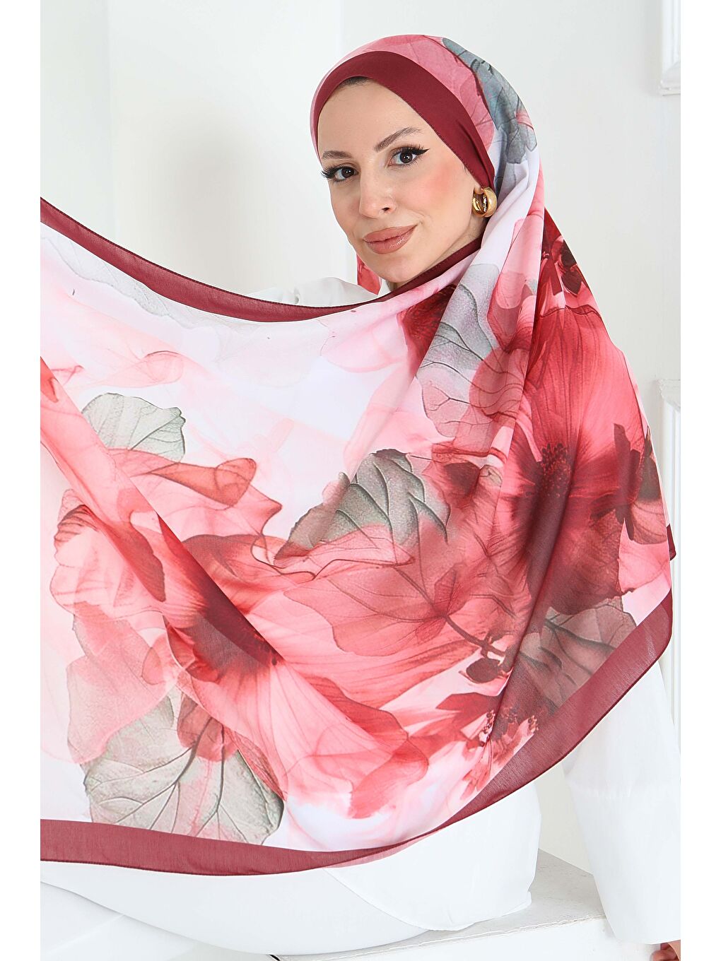 Pastel Flora Serisi Pamuk Şal Mercan - 27857-MERCAN-3