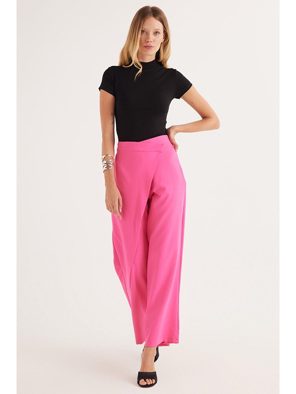 Kadın Standart Fit Geniş Paça Fuşya Double Pantolon-1