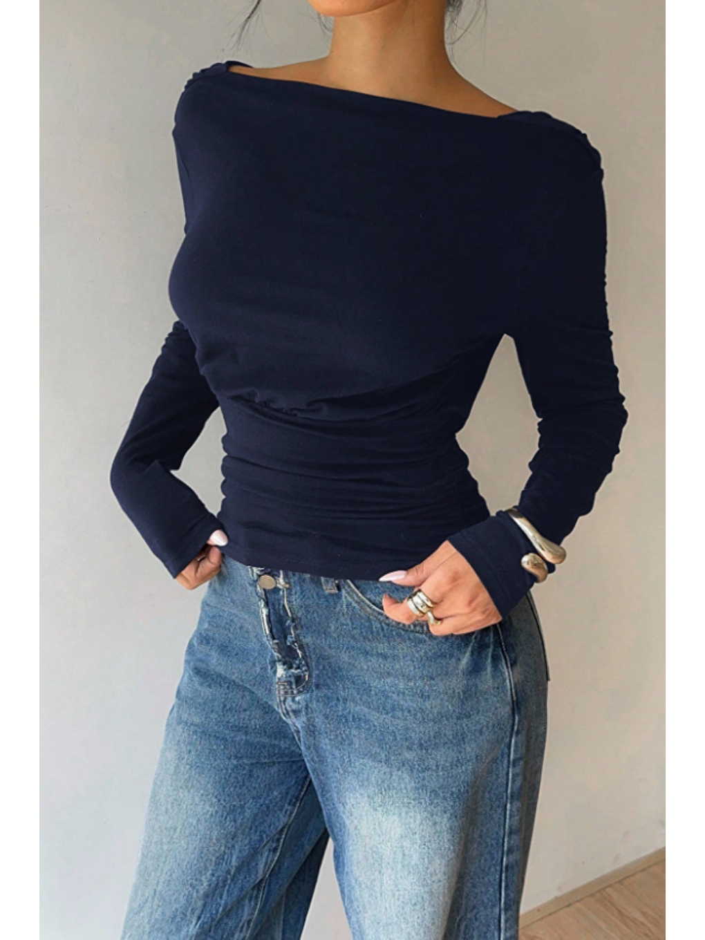 Kadın Lacivert Derin Sırt Dekolteli Uzun Kollu Esnek Pamuk Bluz-5