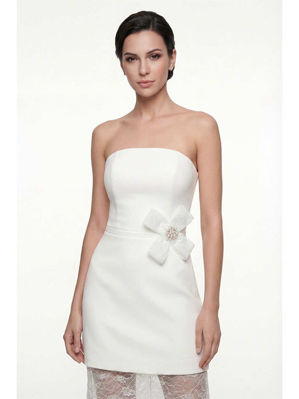 Kadın Beyaz Dantel Detaylı Nikah After Party Abiye Elbise-2