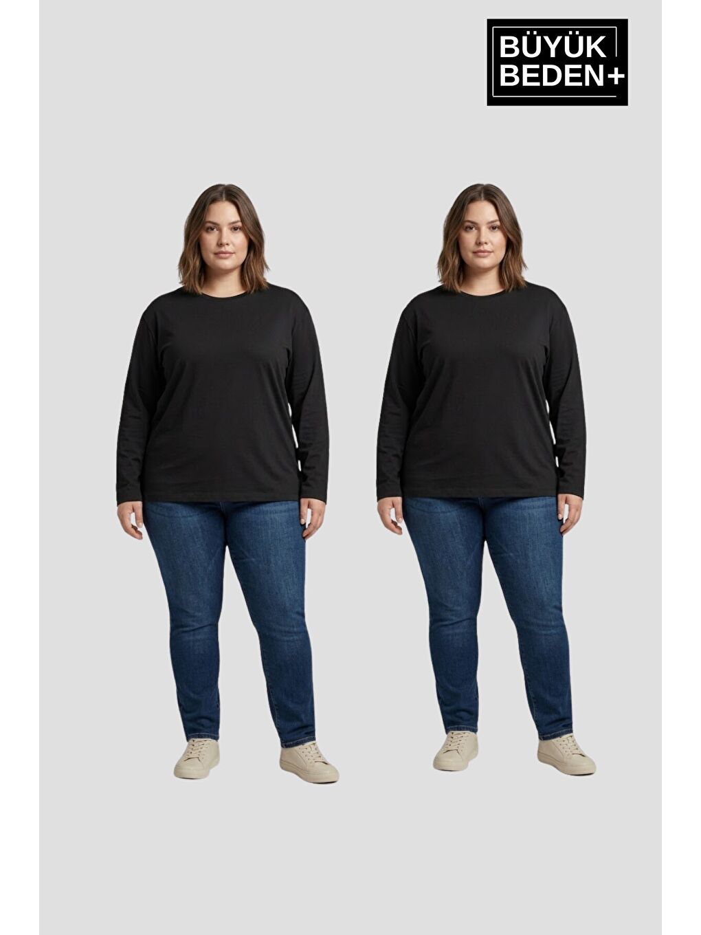 Siyah Kadın Büyük Beden 2'li Set Uzun Kollu 2 İplik Bisiklet Yaka Tişört SPR26BEA942+2