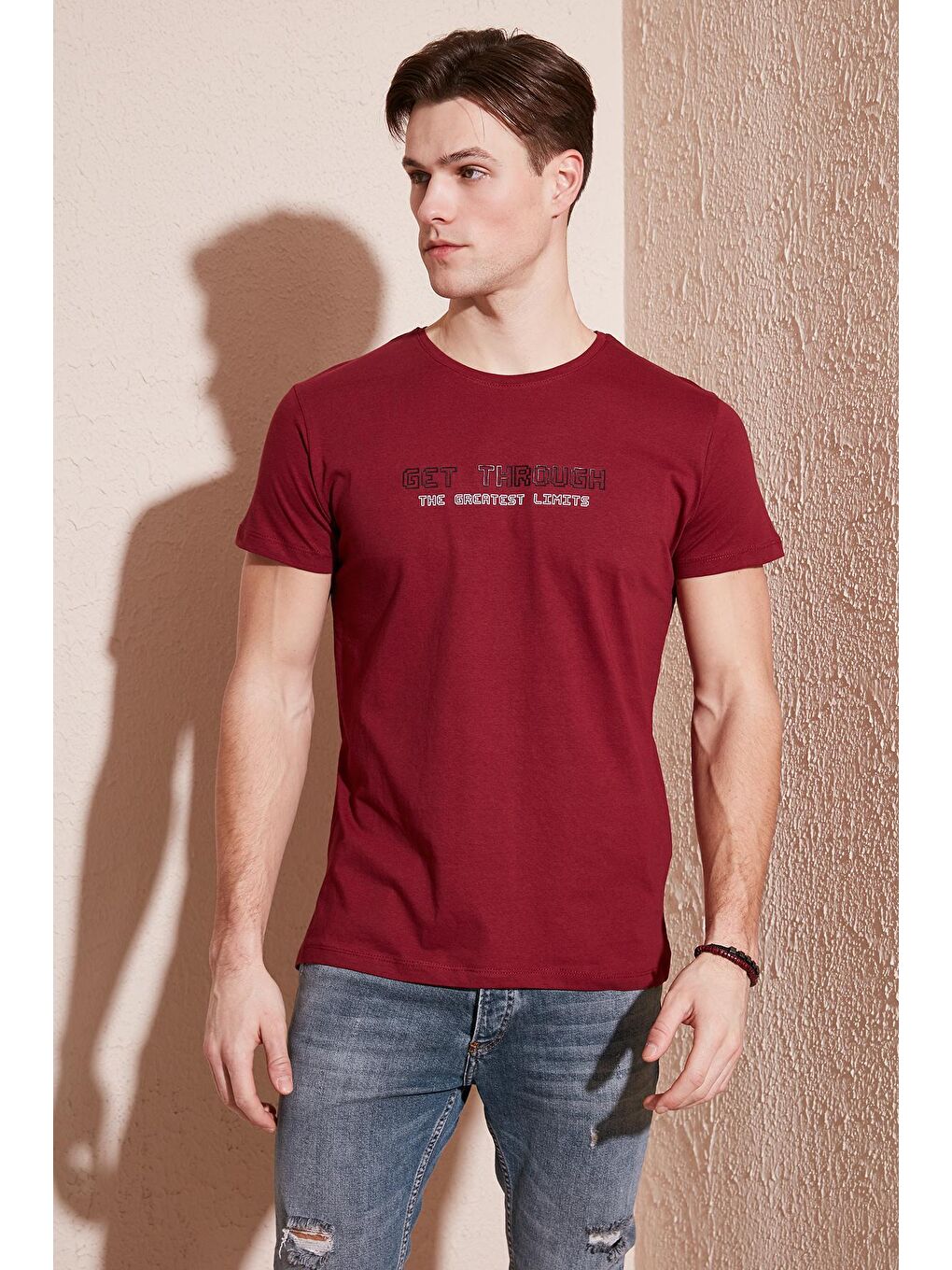 Buratti Bordo Basklı Bisiklet Yaka % 100 Pamuklu Slim Fit T Shirt 541GET