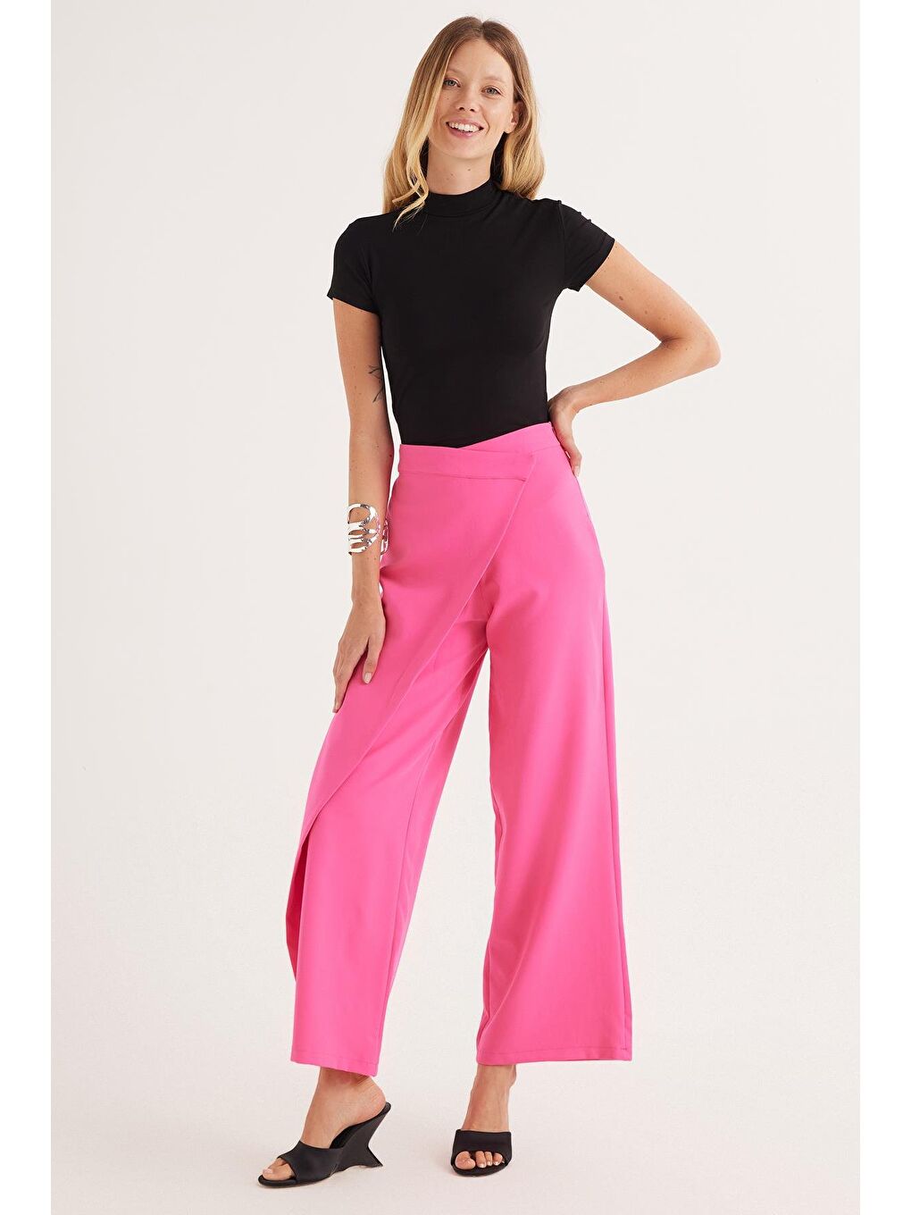 Kadın Standart Fit Geniş Paça Fuşya Double Pantolon-4