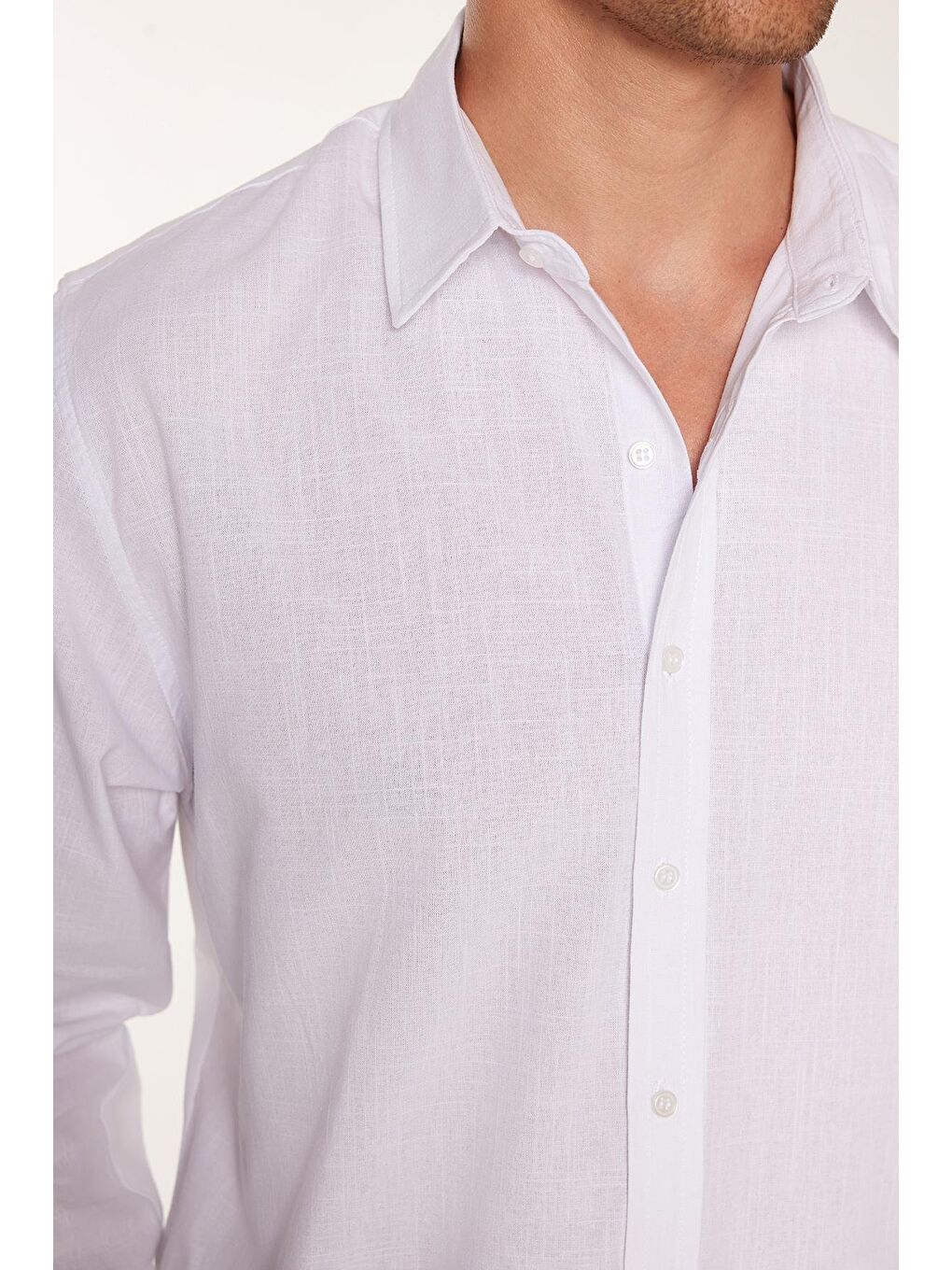 Erkek Slim Fit Dar Kesim Uzun Kollu %100 Pamuk Keten Doku Düz Biyeli Beyaz Gömlek-2