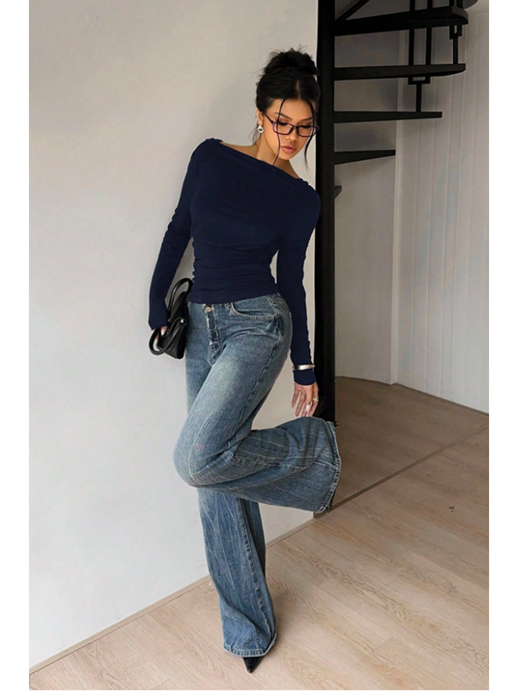 Kadın Lacivert Derin Sırt Dekolteli Uzun Kollu Esnek Pamuk Bluz-6