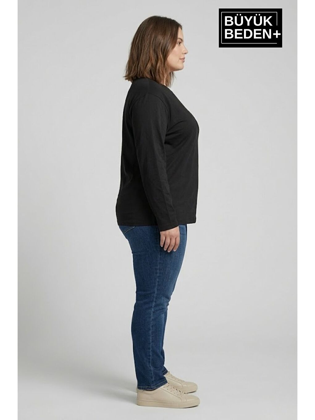 Siyah Kadın Büyük Beden 2'li Set Uzun Kollu 2 İplik Bisiklet Yaka Tişört SPR26BEA942+2-1