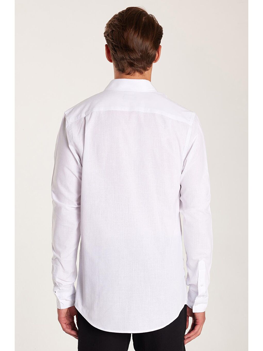 Erkek Slim Fit Dar Kesim Uzun Kollu %100 Pamuk Keten Doku Düz Biyeli Beyaz Gömlek-4