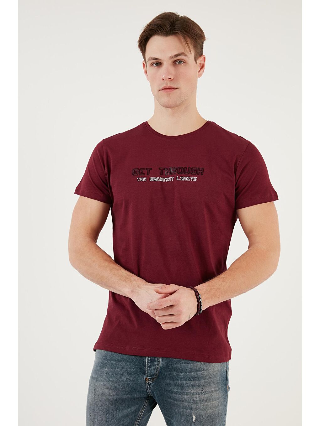 Buratti Bordo Basklı Bisiklet Yaka % 100 Pamuklu Slim Fit T Shirt 541GET - 1