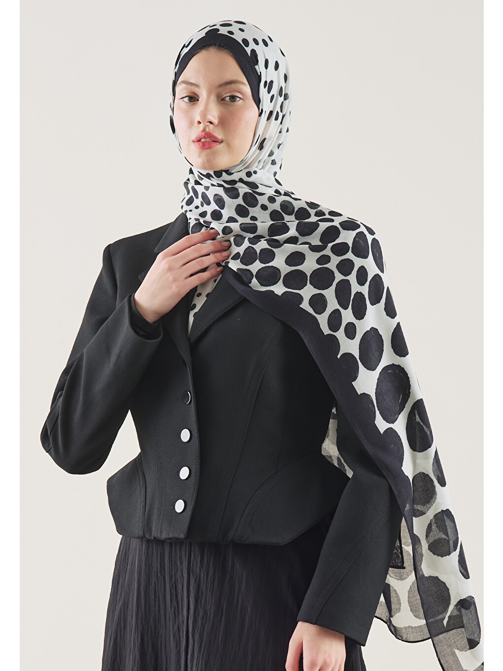 Polka Dots Desen Rami Şal Ekru-1
