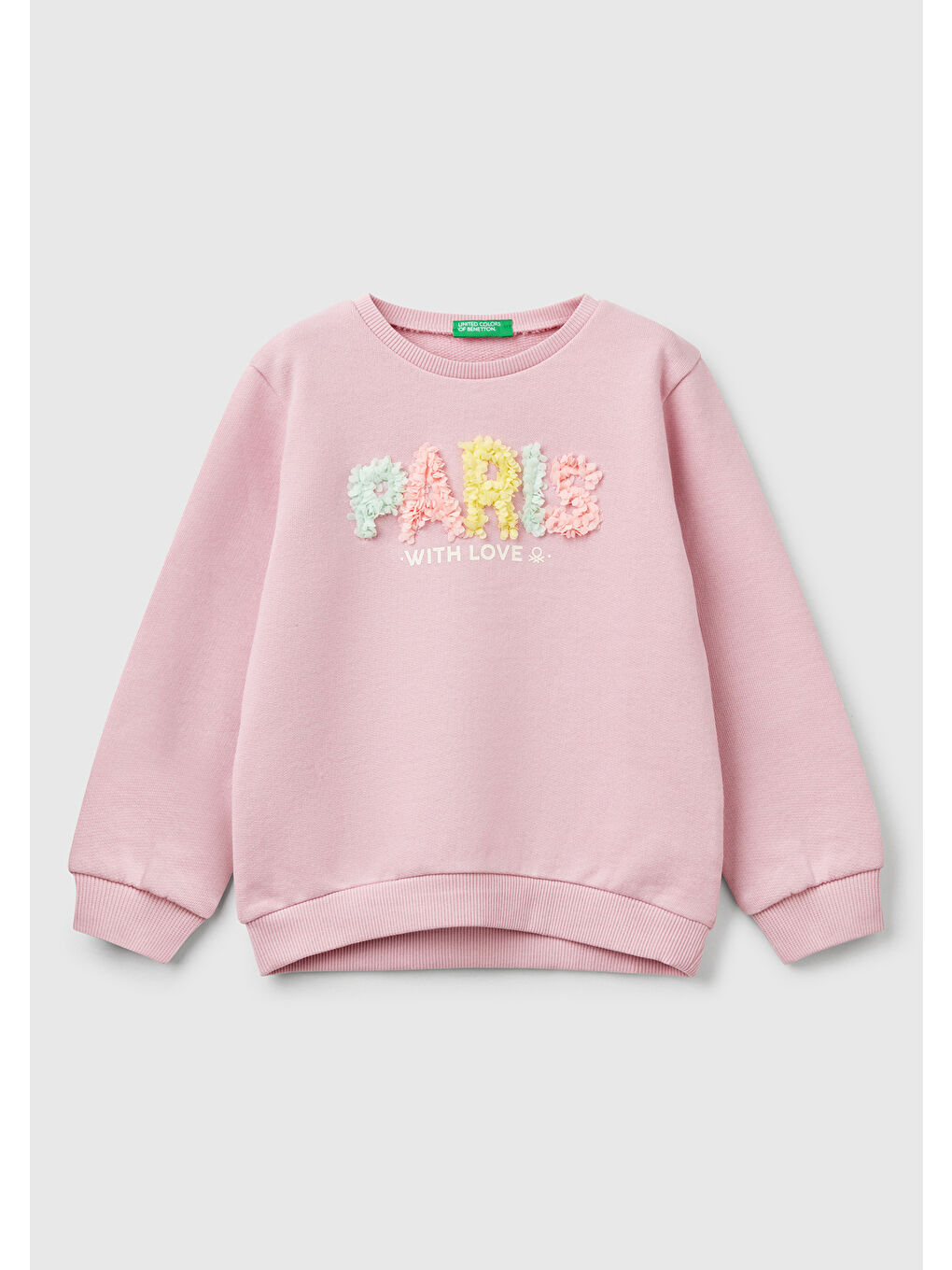 Kız Çocuk Pembe Grafik Baskılı Ribanalı Bisiklet Yaka Sweatshirt