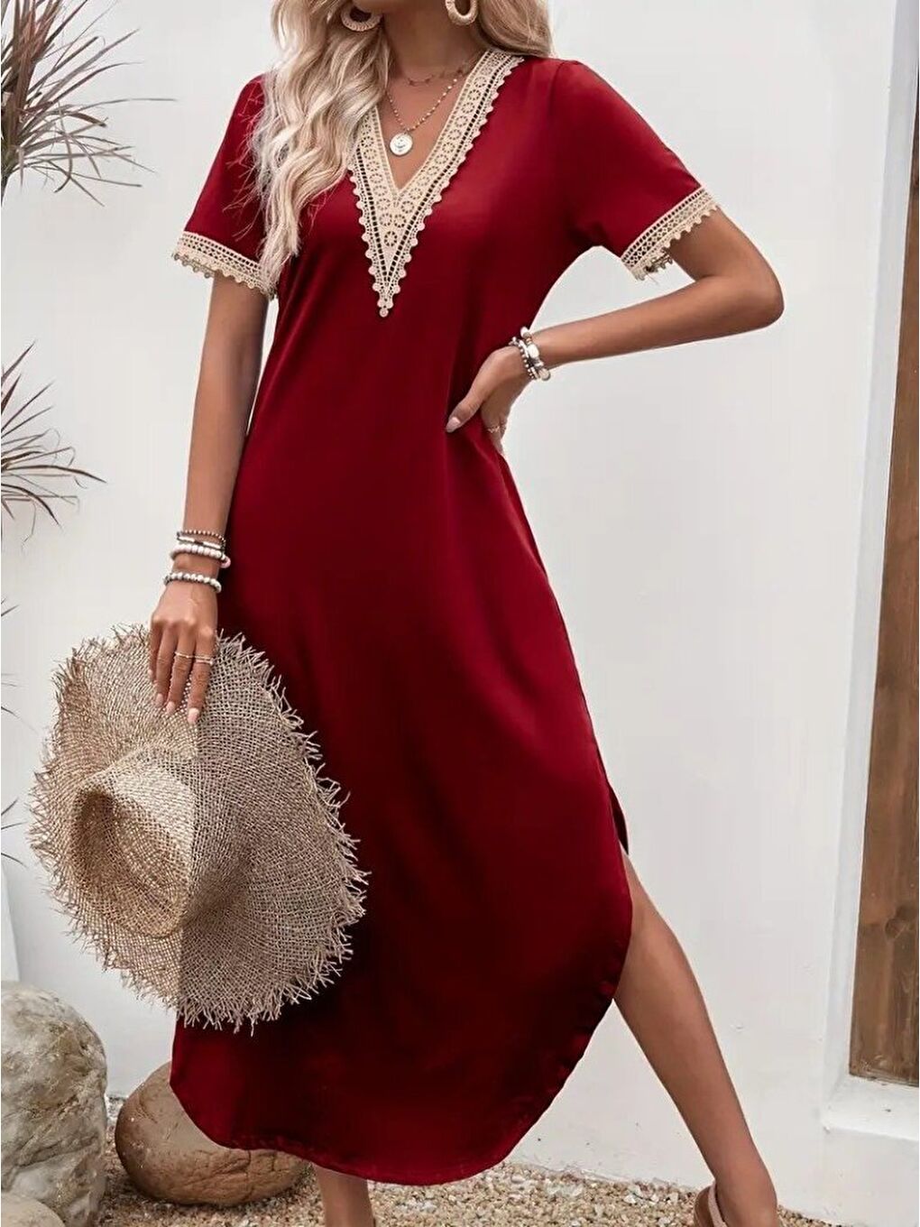 Bordo Kadın Kısa Kollu Dantel V Yakalı Uzun Viskon Elbise