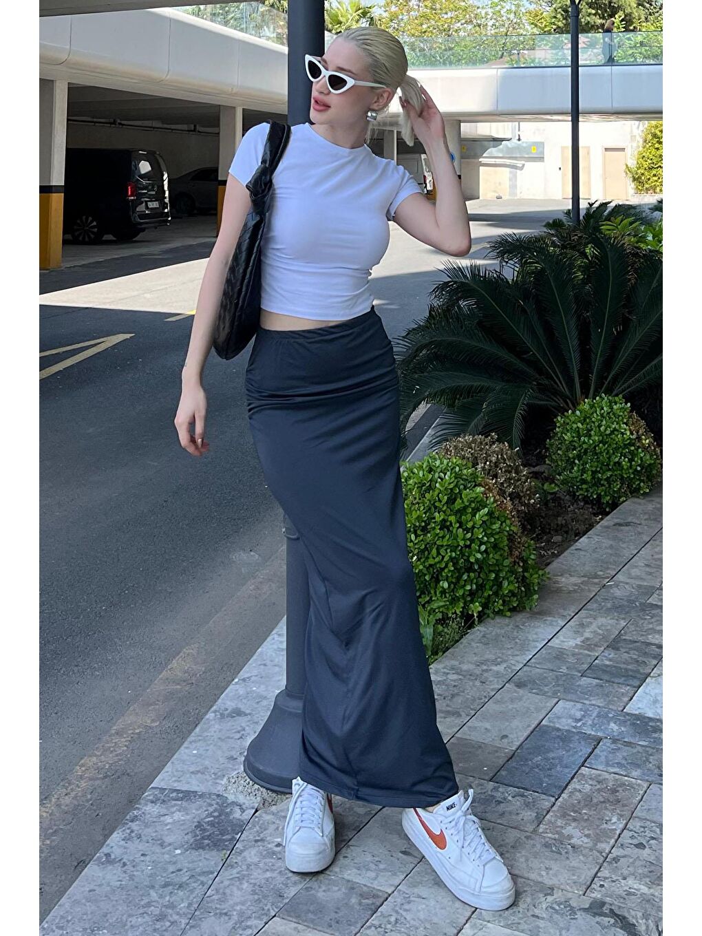 Gri Füme Yandan Büzgülü Maxi Etek Mg2085