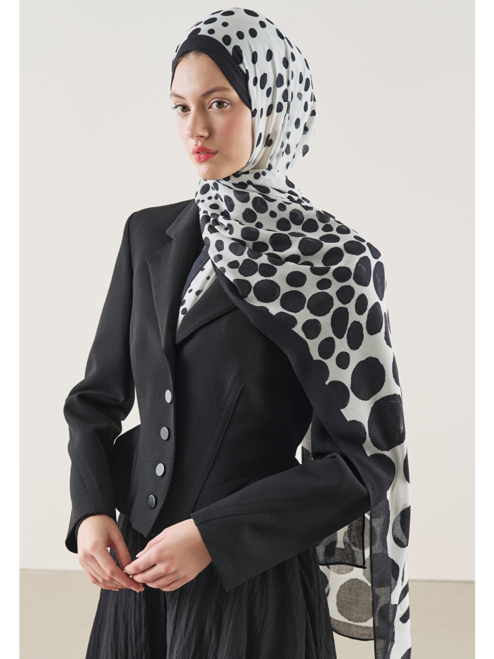 Polka Dots Desen Rami Şal Ekru-3