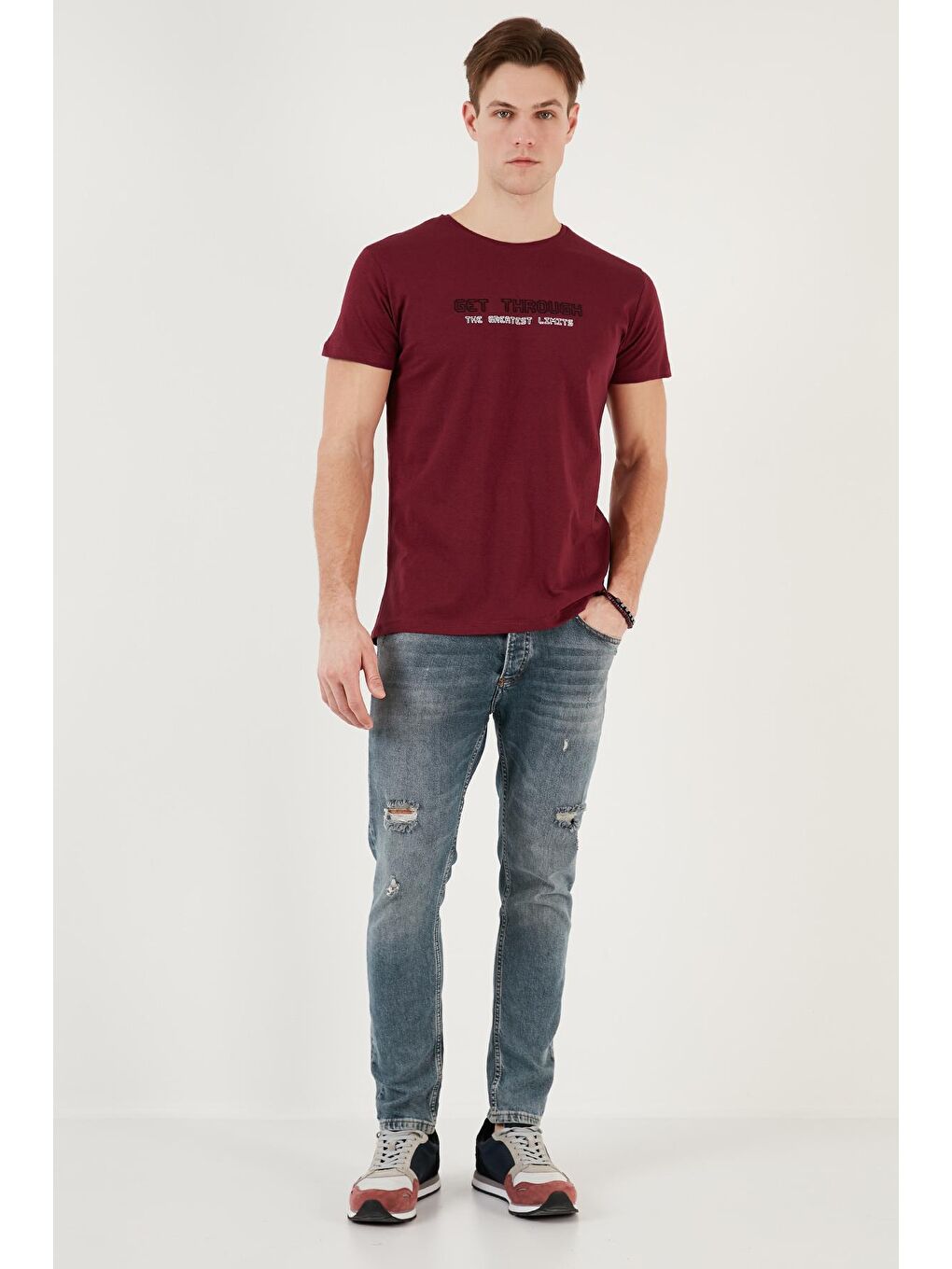 Buratti Bordo Basklı Bisiklet Yaka % 100 Pamuklu Slim Fit T Shirt 541GET - 2