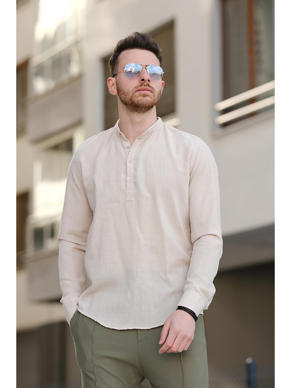 Bej Zareh Slim Fit Kırınkıl Desen Yarım Pat Hakim Yaka Erkek Gömlek
