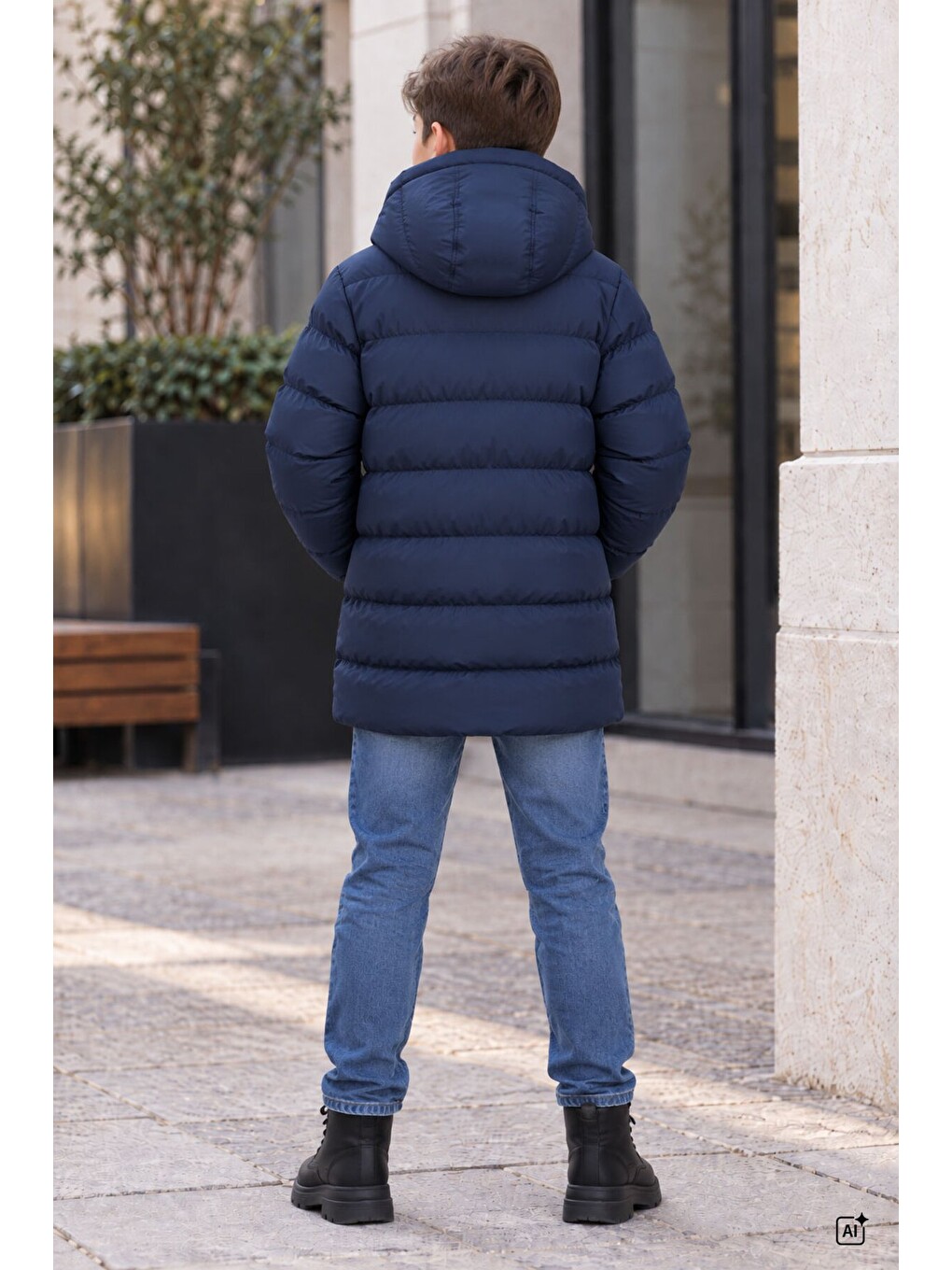 Lacivert Erkek Çocuk İçi Kürklü Çıkarılabilir Kapüşonlu Çıtçıt Kapamalı Şişme Mont 24898-2