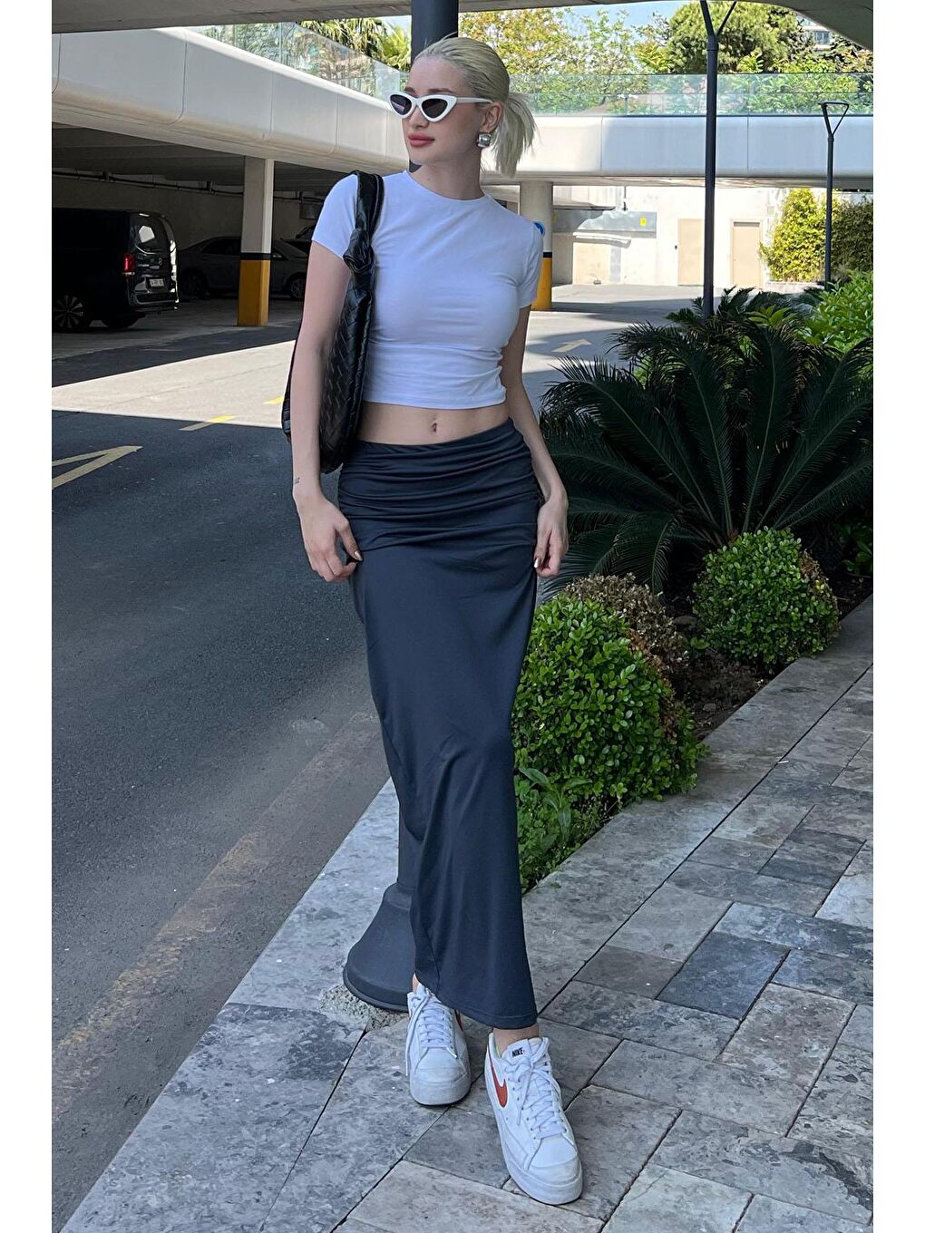 Gri Füme Yandan Büzgülü Maxi Etek Mg2085-1