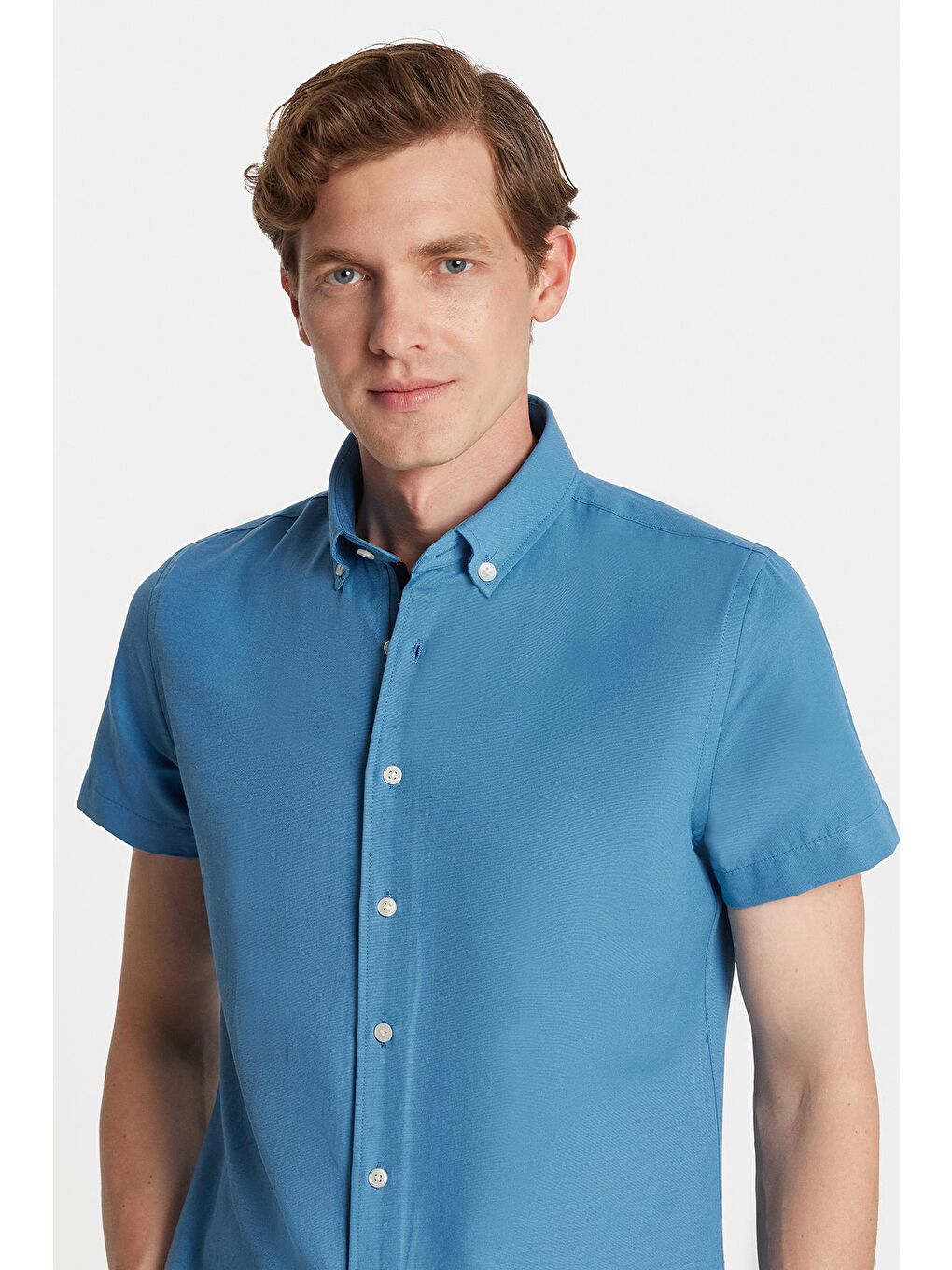 Erkek Slim Fit Dar Kesim Kısa Kollu Spor Yaka Oxford Doku Pamuklu İndigo Gömlek-1