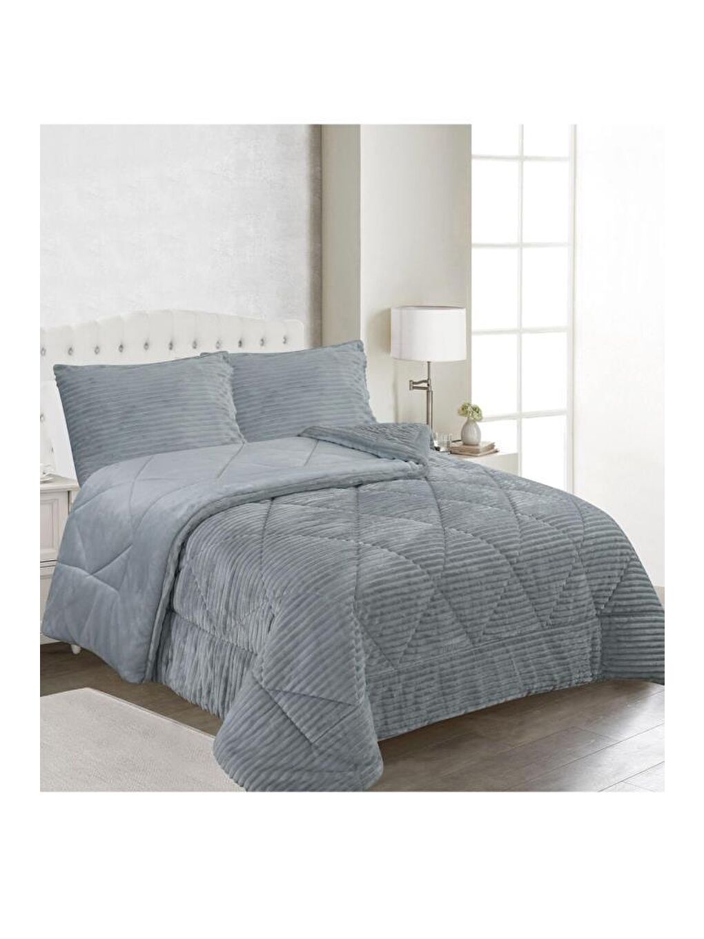 Ece Stripe Çift Kişilik Pelüş Yatak Örtüsü Gri-1