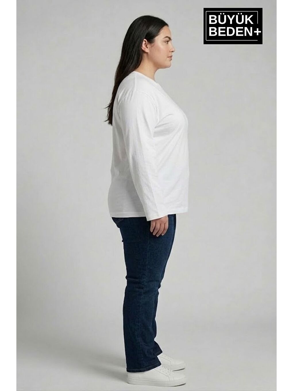 Beyaz Kadın Büyük Beden 3'lü Set Uzun Kollu 2 İplik Bisiklet Yaka Tişört SPR26BEA942+2-3