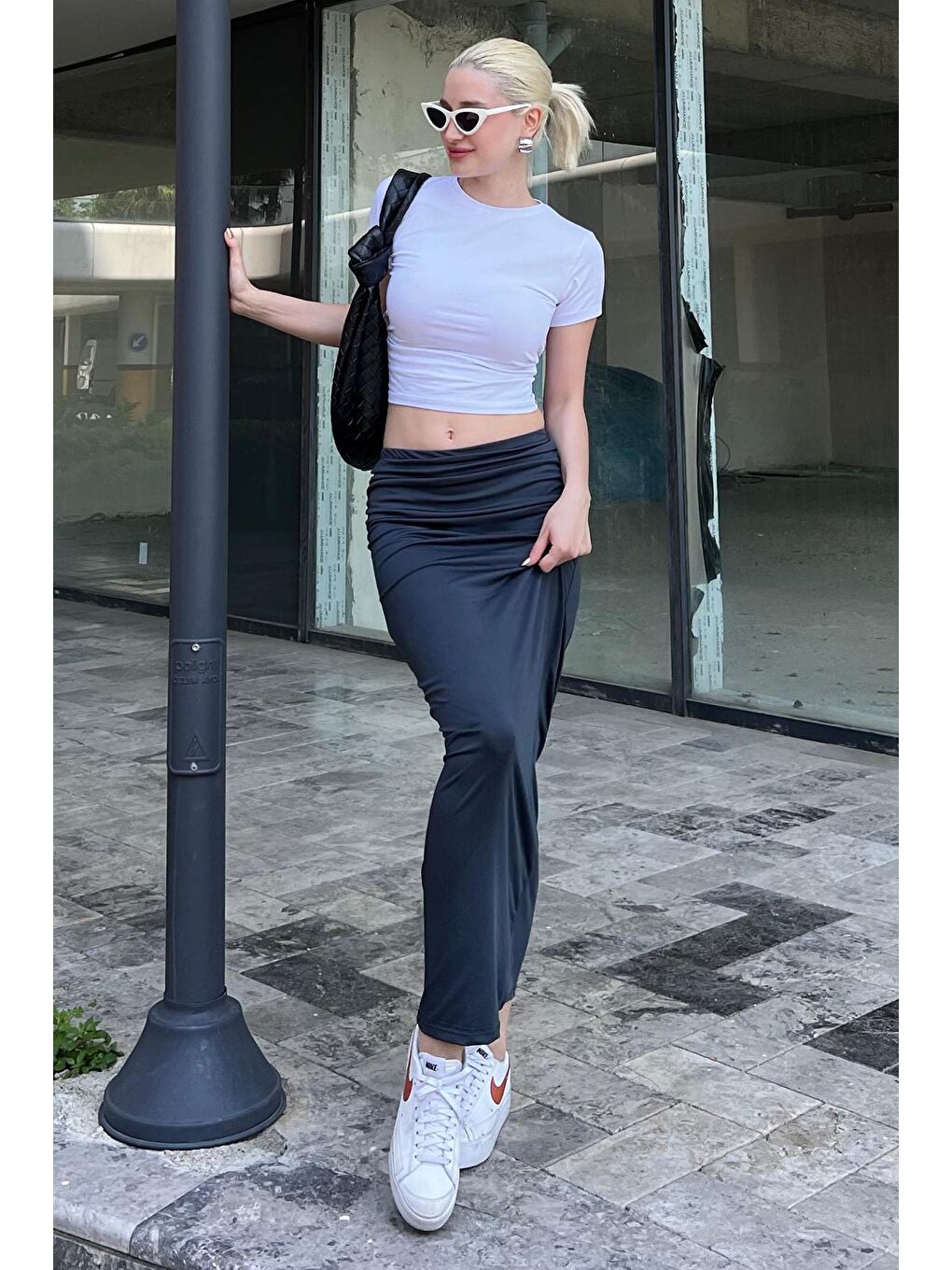 Gri Füme Yandan Büzgülü Maxi Etek Mg2085-2