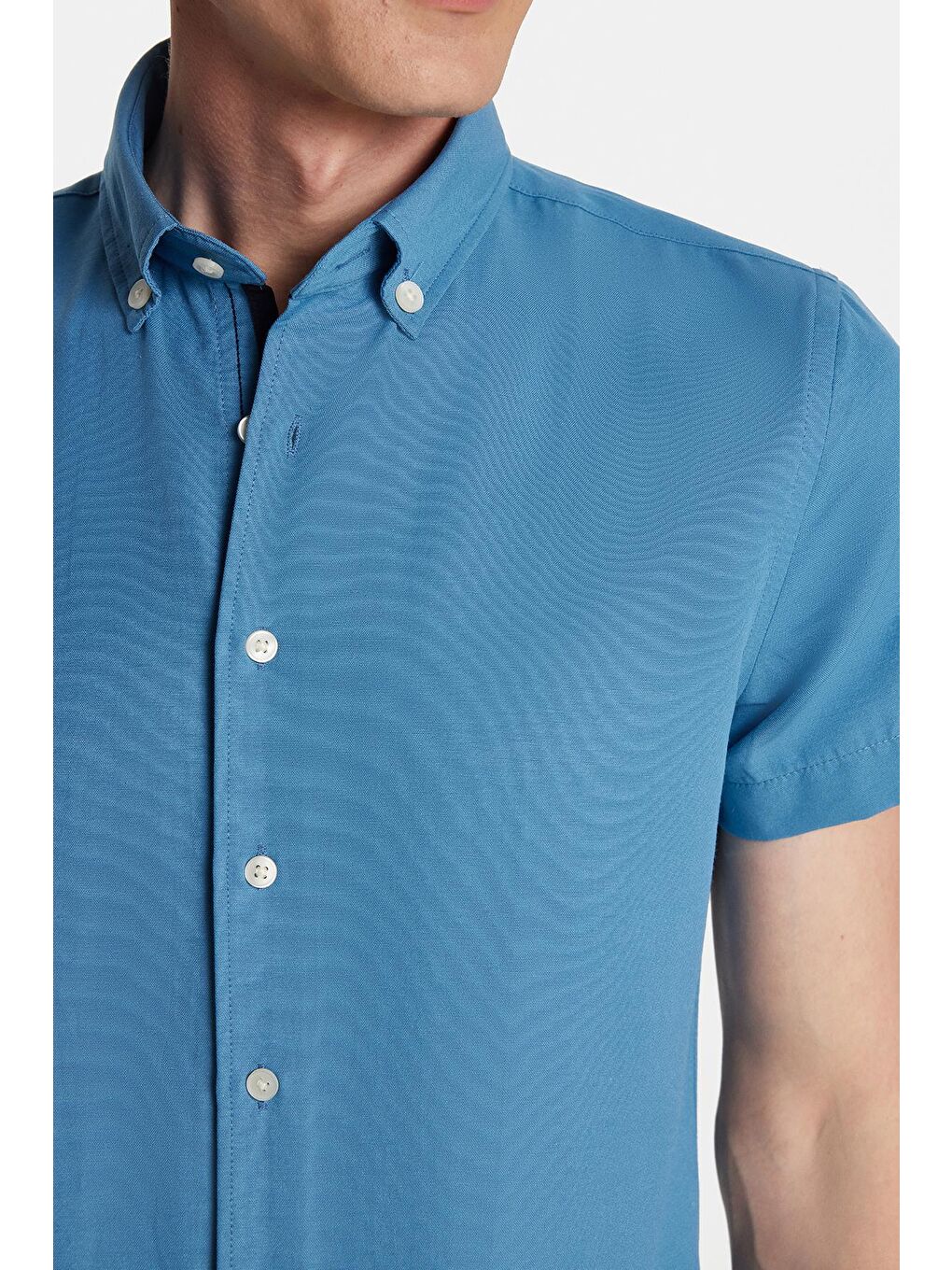 Erkek Slim Fit Dar Kesim Kısa Kollu Spor Yaka Oxford Doku Pamuklu İndigo Gömlek-2