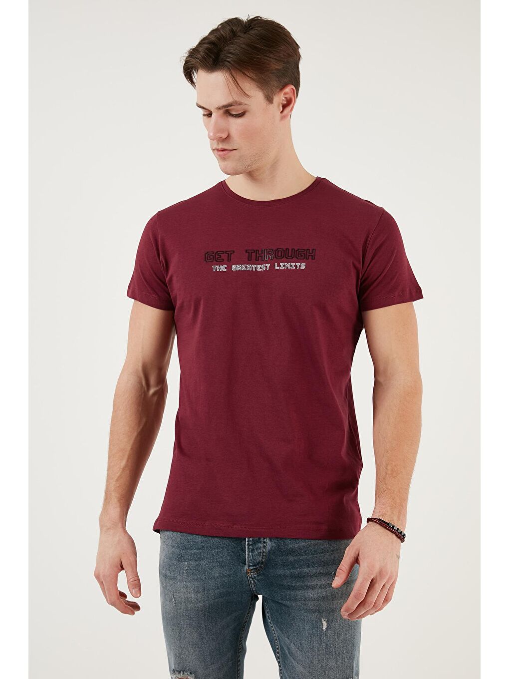 Buratti Bordo Basklı Bisiklet Yaka % 100 Pamuklu Slim Fit T Shirt 541GET - 3