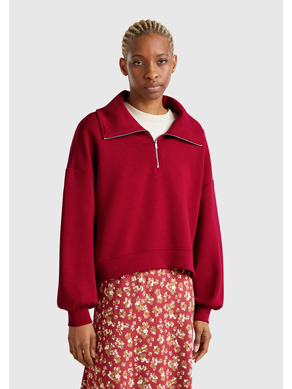 Kadın Bordo Modal Karışımlı Yarım Fermuarlı Polo Yaka Sweatshirt