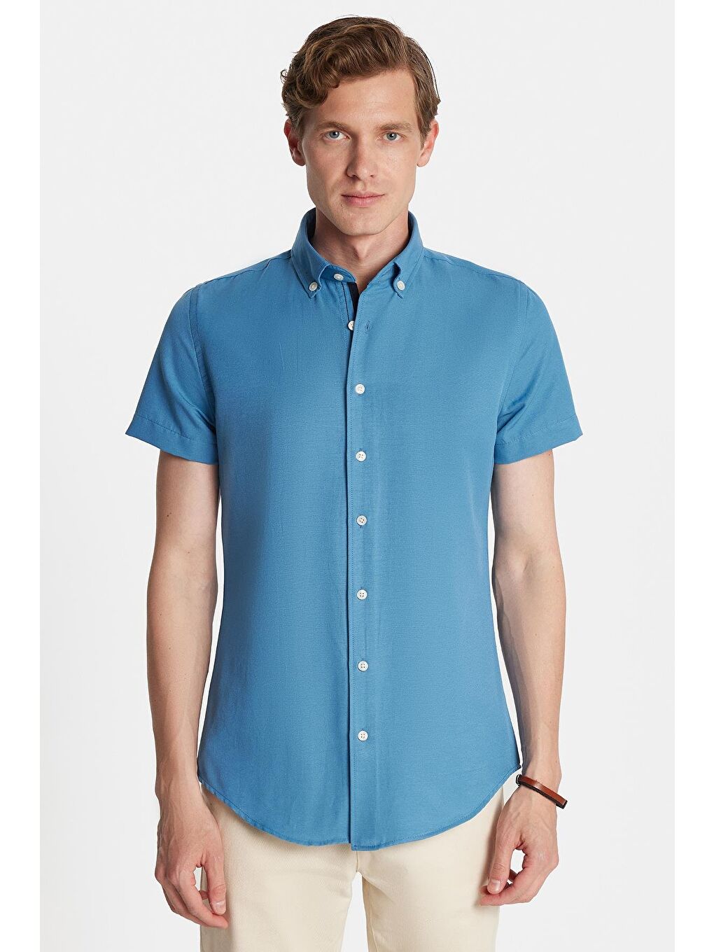 Erkek Slim Fit Dar Kesim Kısa Kollu Spor Yaka Oxford Doku Pamuklu İndigo Gömlek-3