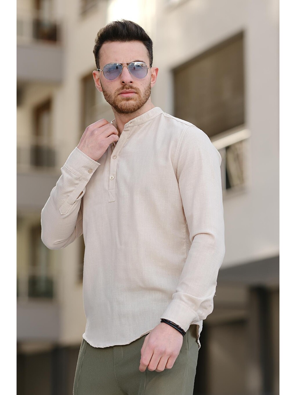 Bej Zareh Slim Fit Kırınkıl Desen Yarım Pat Hakim Yaka Erkek Gömlek-1