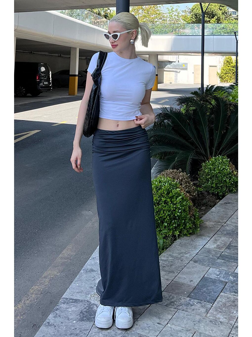 Gri Füme Yandan Büzgülü Maxi Etek Mg2085-3