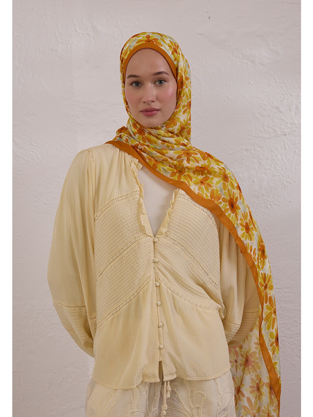 Sarı Sunflower Desen Rami Şal Işığı-1