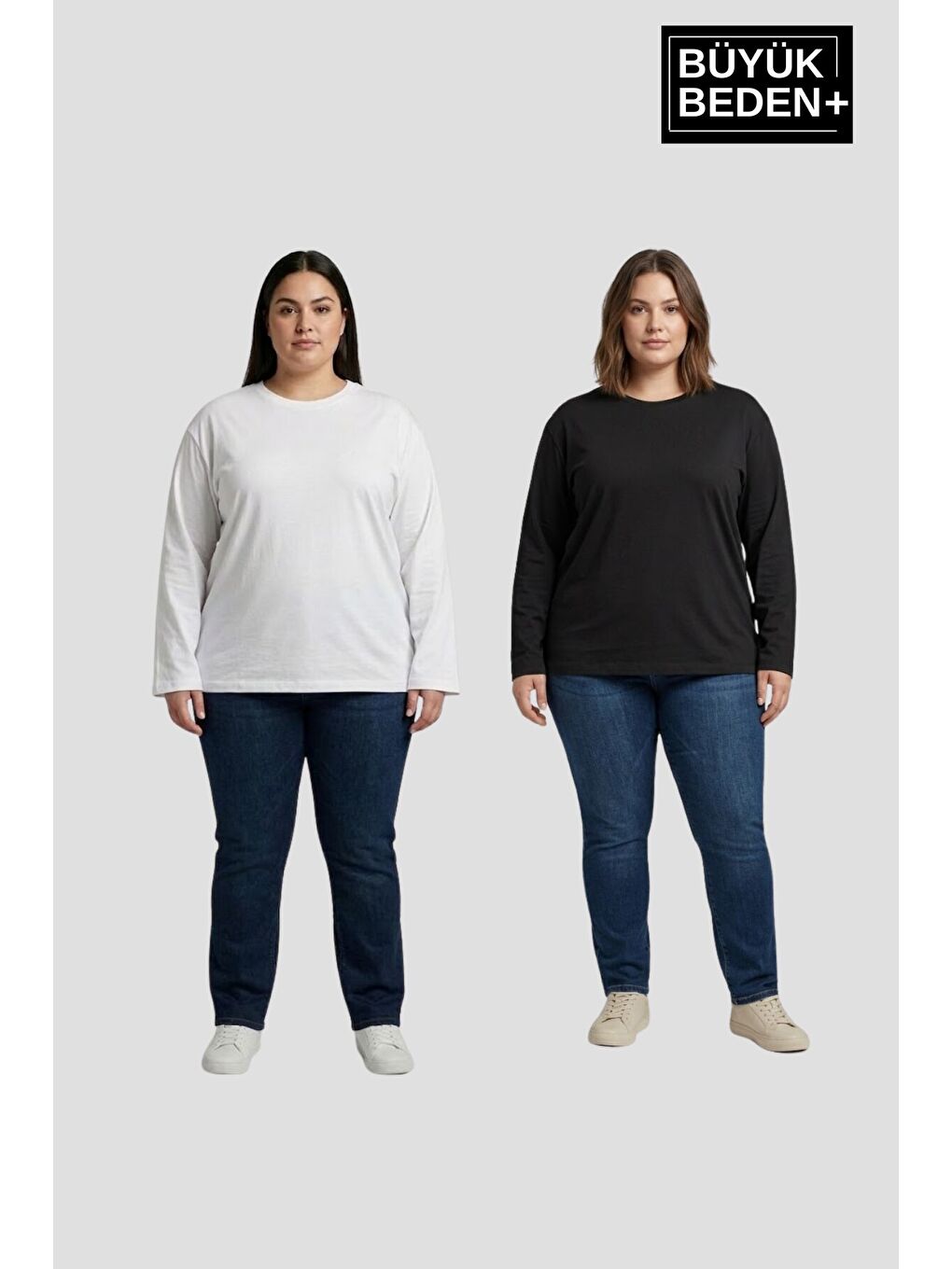 Siyah Kadın Büyük Beden 2'li Set Uzun Kollu 2 İplik Bisiklet Yaka Tişört SPR26BEA942+2
