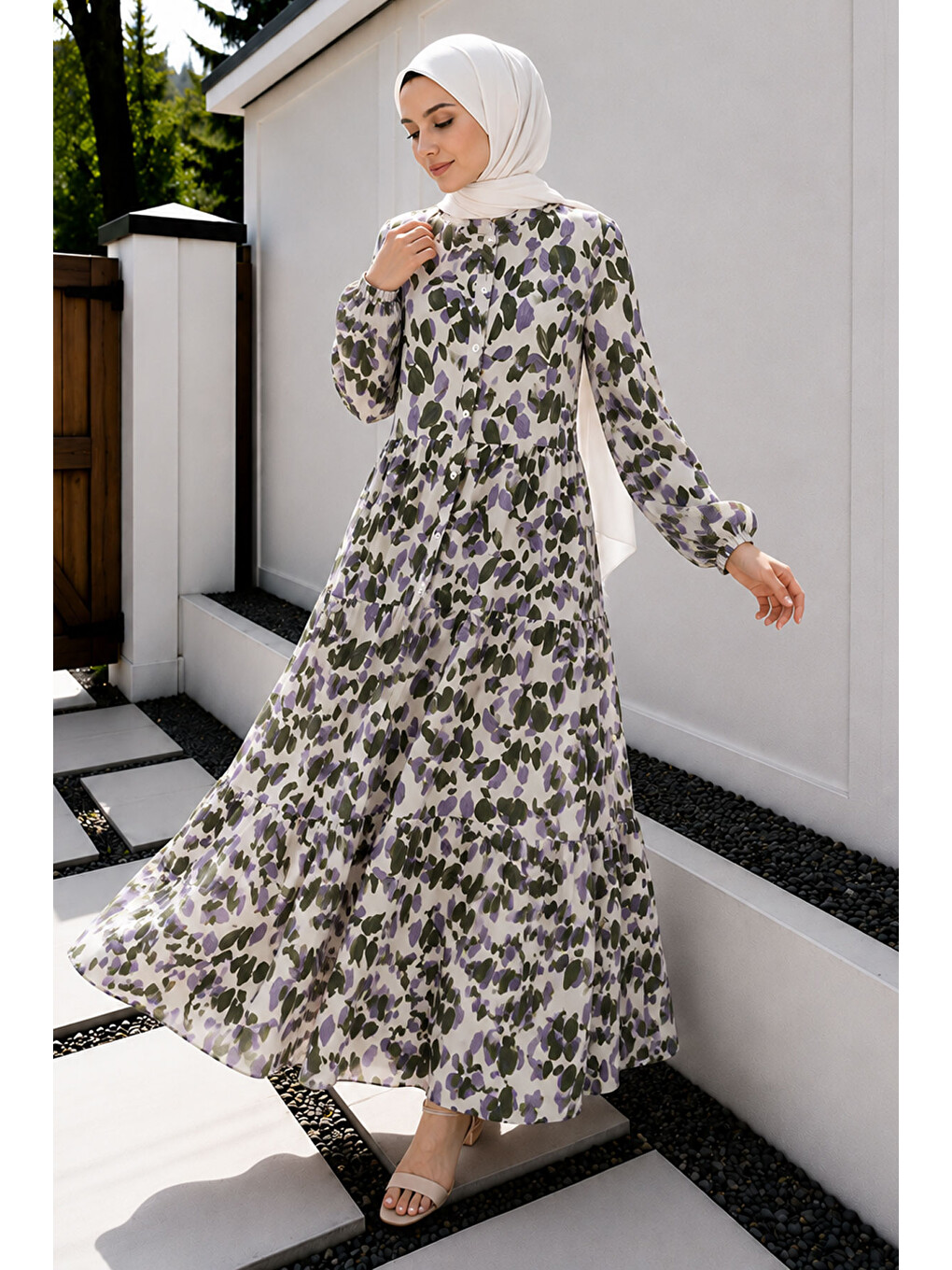 Pat Detaylı Yaprak Desenli Elbise Tsd260261 Haki