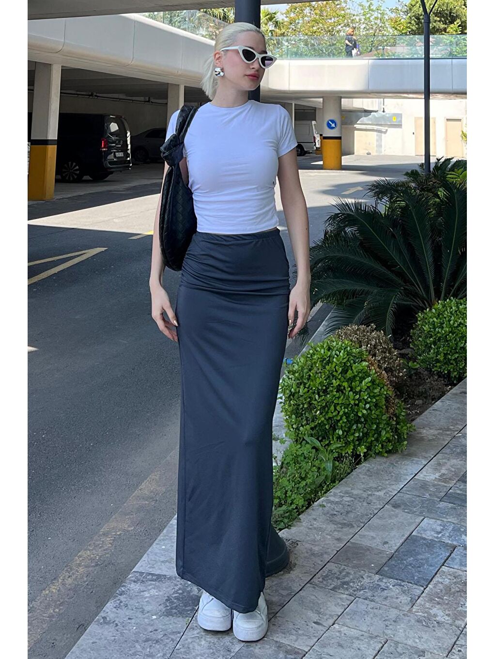 Gri Füme Yandan Büzgülü Maxi Etek Mg2085-4