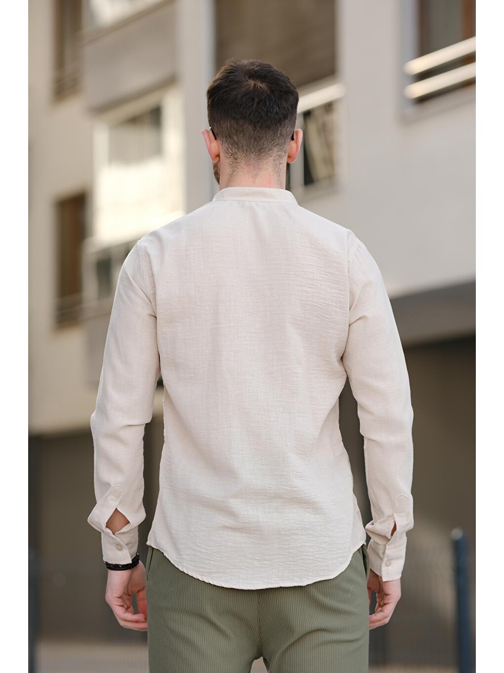 Bej Zareh Slim Fit Kırınkıl Desen Yarım Pat Hakim Yaka Erkek Gömlek-2
