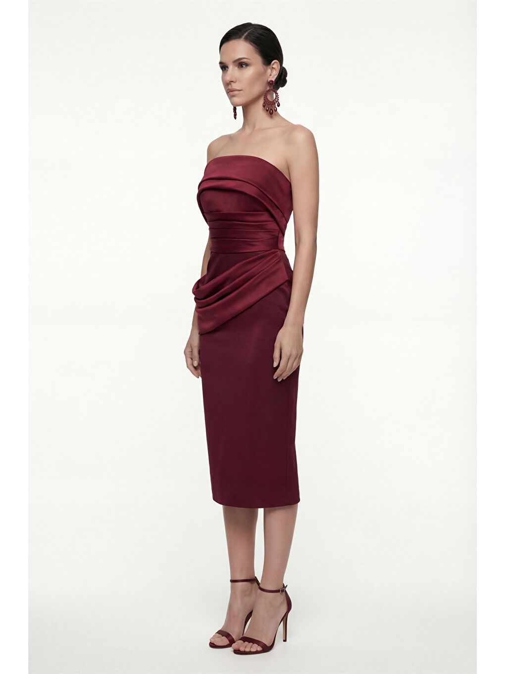 Kadın Bordo Kayık Yaka Pile Detaylı Midi Söz Nişan Nikah Abiye Elbise-1