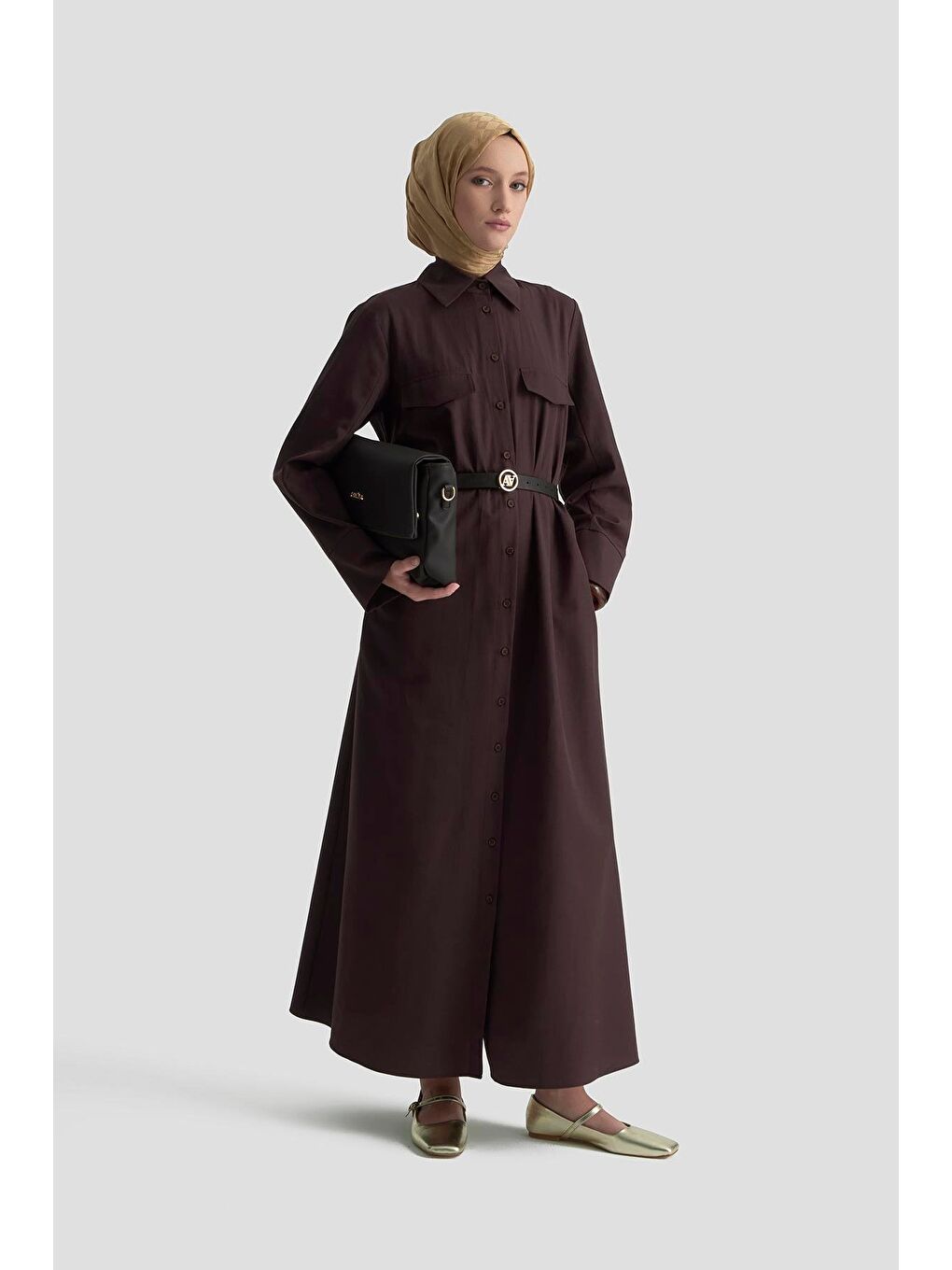 Pens Detaylı Pamuk Elbise 25K9009 Kahverengi