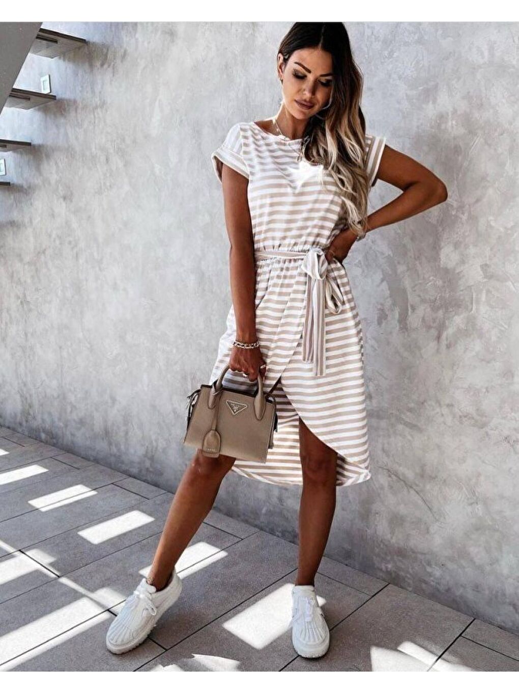 Bej Kadın Kuşaklı Turlu Viskon Kumaş Elbise
