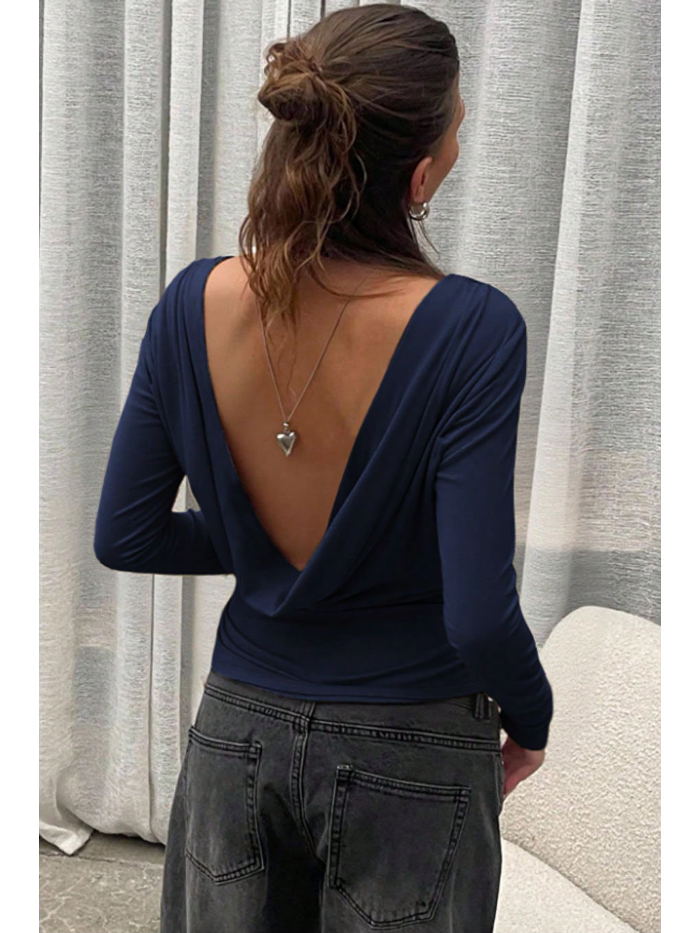 Kadın Lacivert Derin Sırt Dekolteli Uzun Kollu Esnek Pamuk Bluz-3
