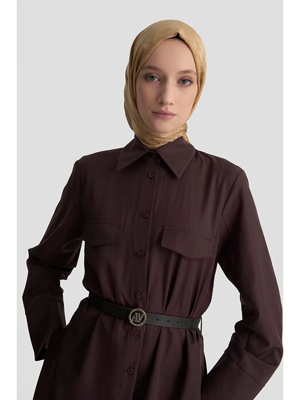 Pens Detaylı Pamuk Elbise 25K9009 Kahverengi-2