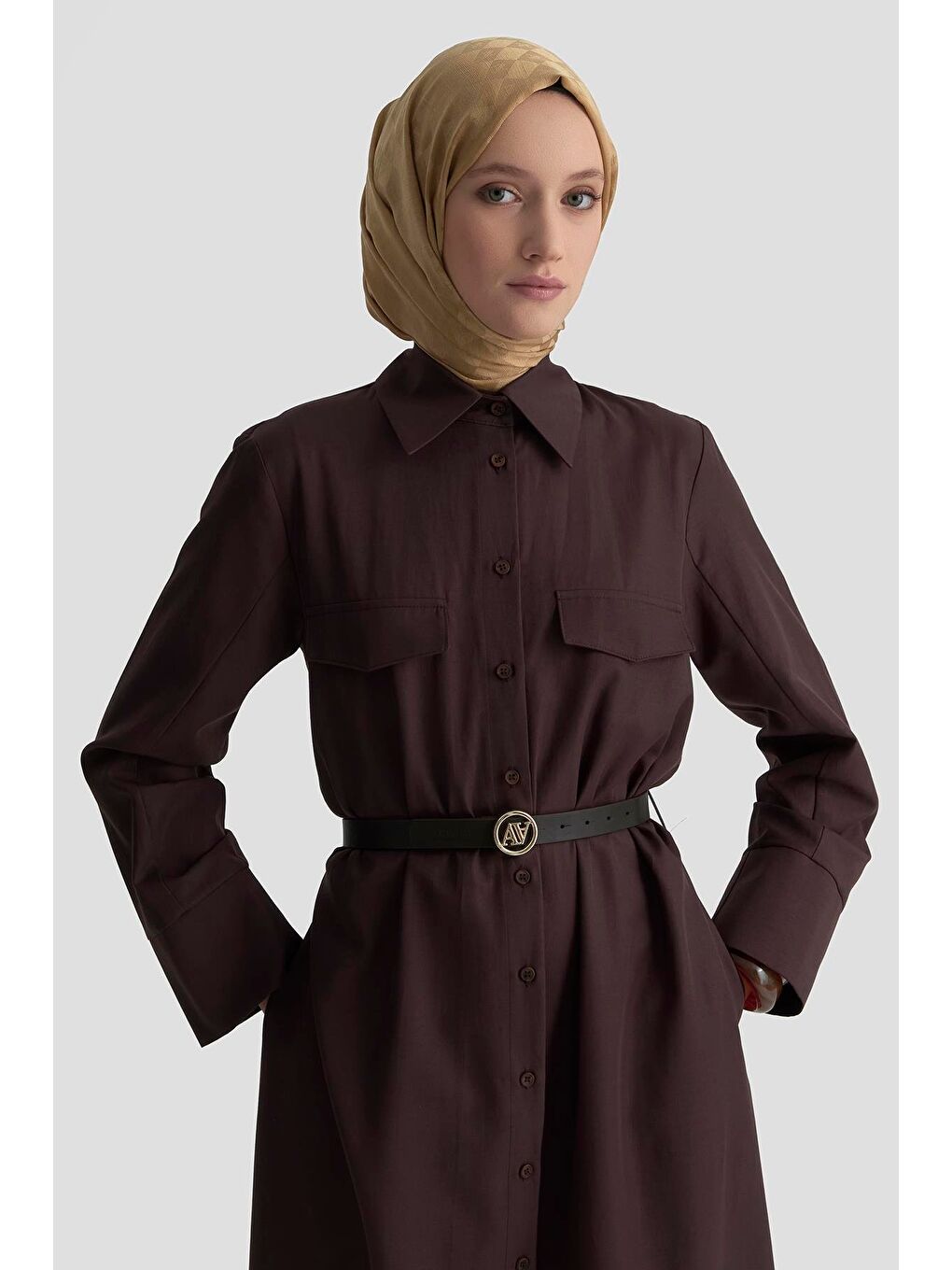 Pens Detaylı Pamuk Elbise 25K9009 Kahverengi-3