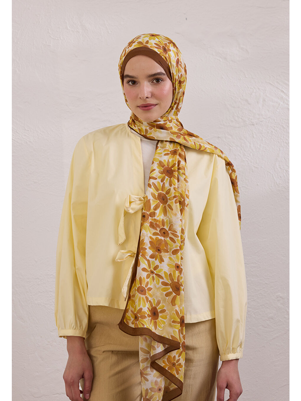 Kahverengi Sunflower Desen Rami Şal Kahve