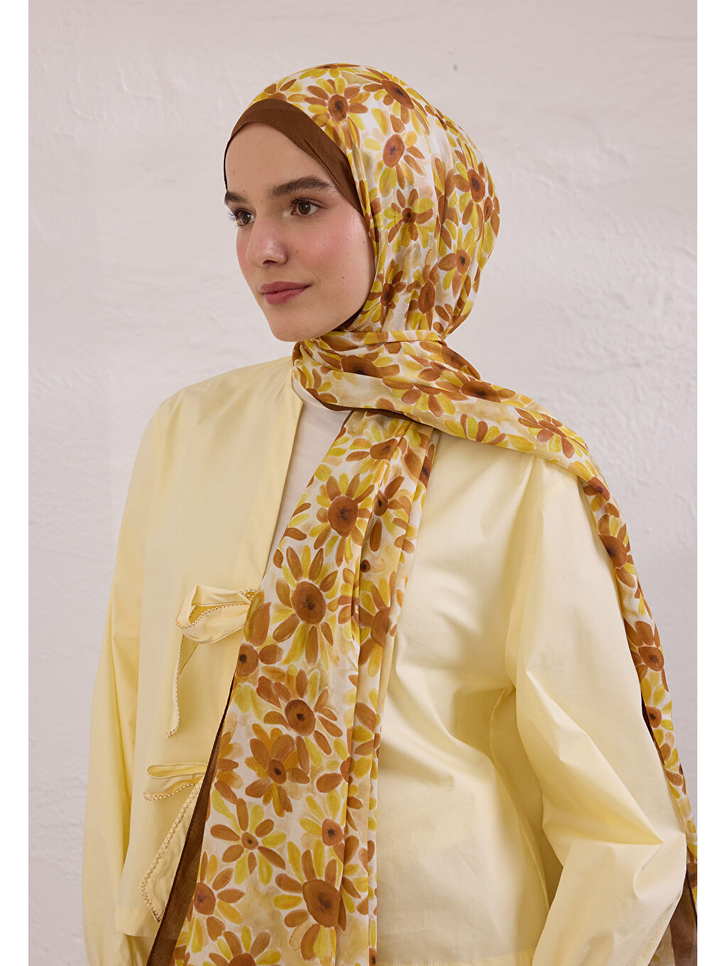 Kahverengi Sunflower Desen Rami Şal Kahve-1