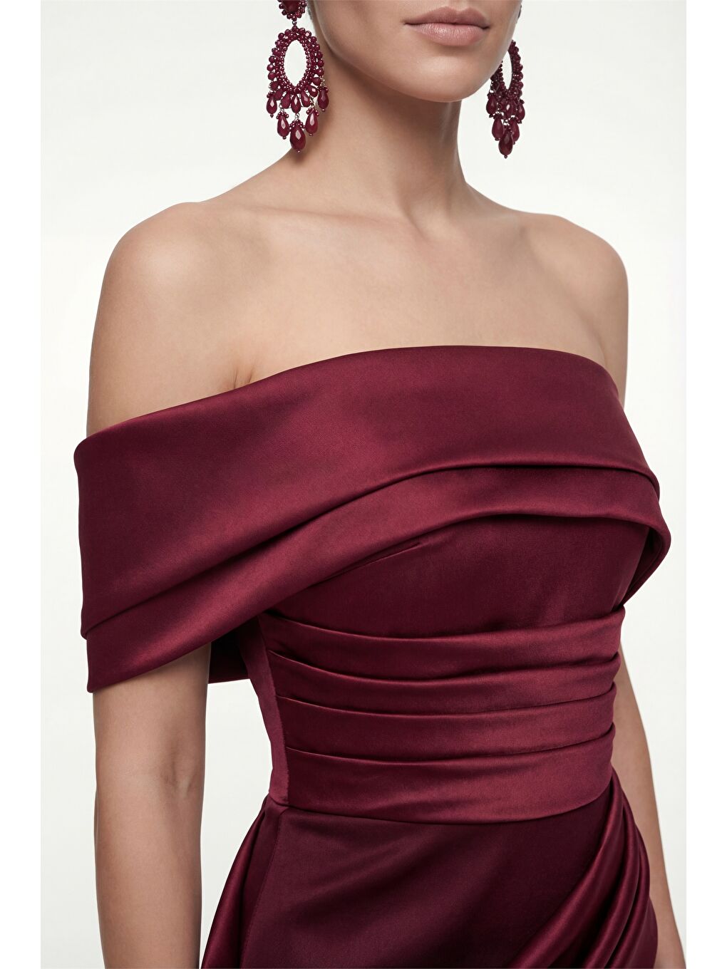 Kadın Bordo Kayık Yaka Pile Detaylı Midi Söz Nişan Nikah Abiye Elbise-2