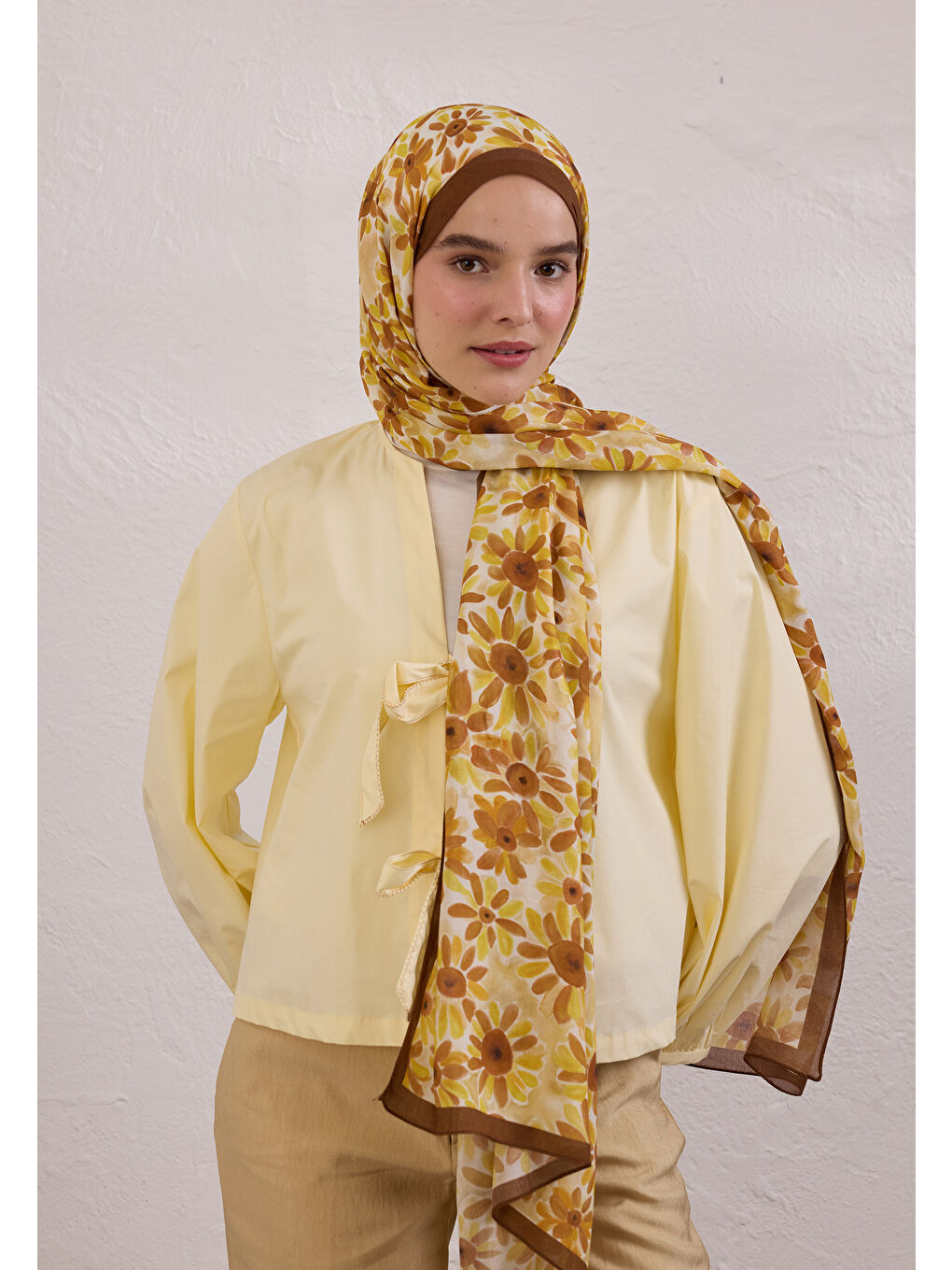 Kahverengi Sunflower Desen Rami Şal Kahve-2