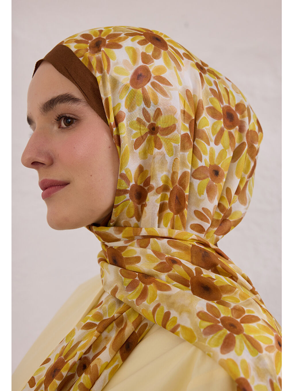 Kahverengi Sunflower Desen Rami Şal Kahve-3